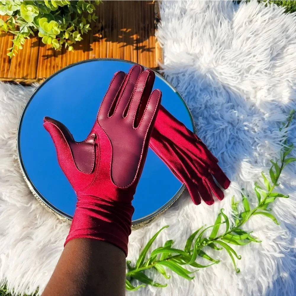 Stylish Burgandy Spandex Faux Leather Blend Statement Gloves.